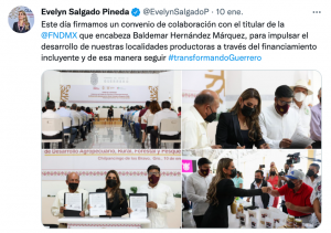 Publicación de la gobernadora Evelyn Salgado Pineda referente a la firma de convenio con la FND.