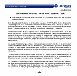 Comunicado de Prensa COPARMEX Chilpancingo a favor de Evelyn Salgado Pineda