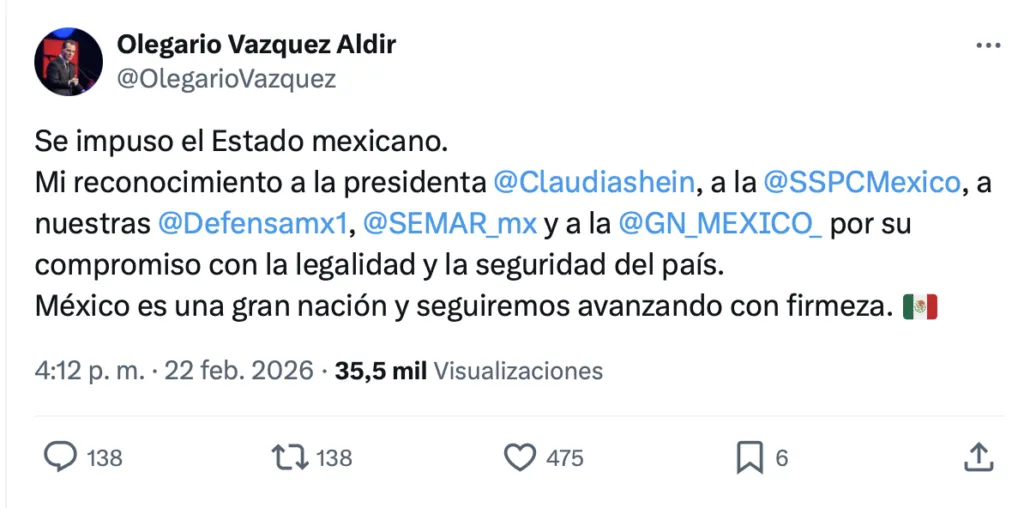 Olegario Vázquez Aldir celebra acciones de seguridad en México.